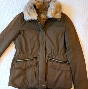 Zara Military Green Parka Jacket with Faux Fur